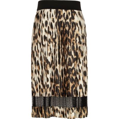 Girls leopard print pleated midi skirt